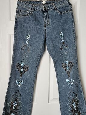 Cache Denim Flare Jeans with Blue and Brown Sequin Heart Motifs